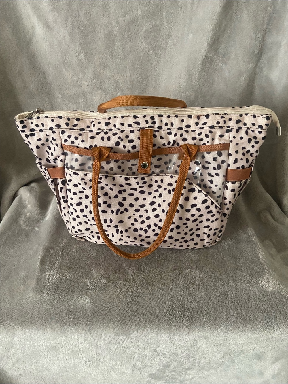 Large Spotted lunch Bag with Tan Handles